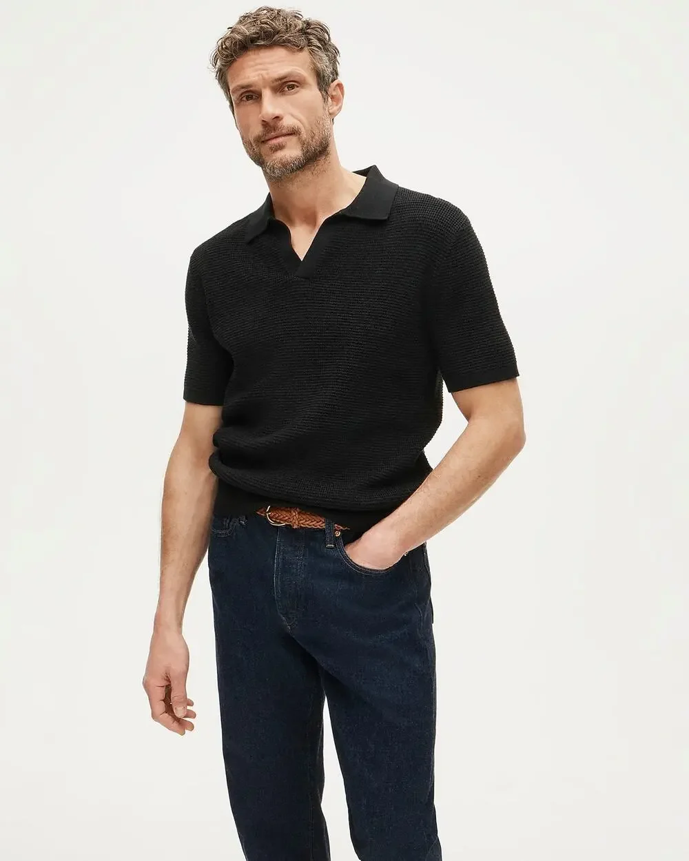 J.Crew Mens Minimalist Cotton Waffle Knit Johnny Collar Sweater Polo Black L